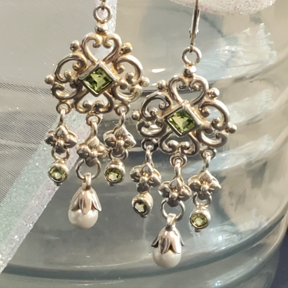 Sterling Silver Chandelier Earrings with Peridots and Pearls - Picture 9 of 16